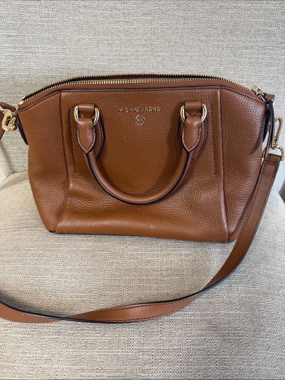 Michael Kors Brown Pebbled Leather Satchel with Gold Hardware